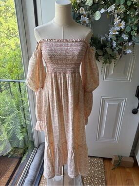 Nothing Fits But Smocked Off-Shoulder Midi Dress in Soft Peach Floral